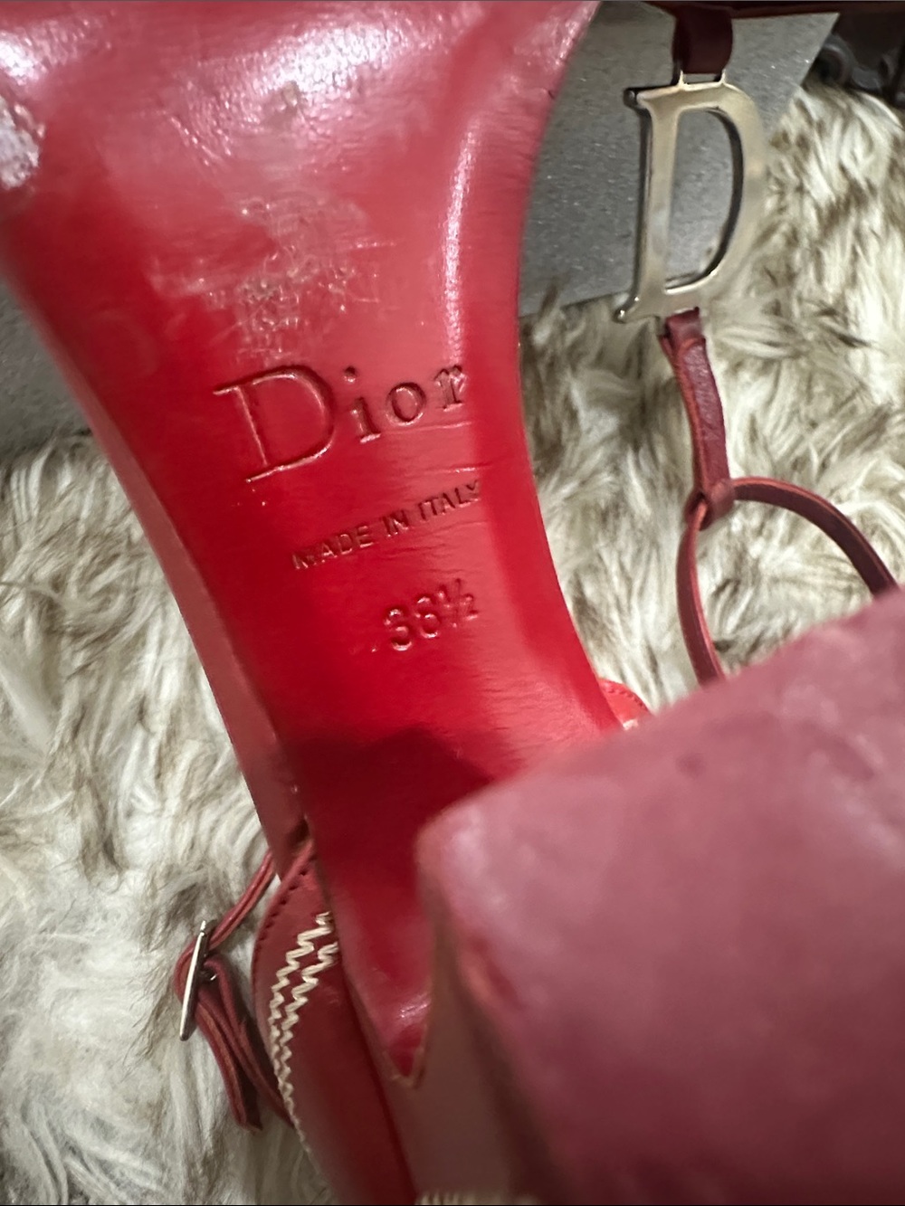 RARE DIOR C D logo Red T-Strap Block Heel dress shoes with white stitching 4’ - Picture 11 of 14